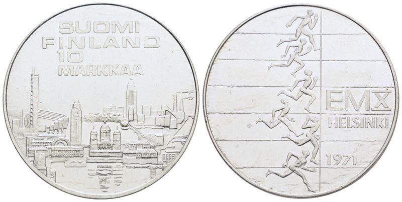 Finlandia. 10 Markkaa 1971. 10 Campionato Atletica Leggera. Ag; 24,2gr; Km 82. Fdc