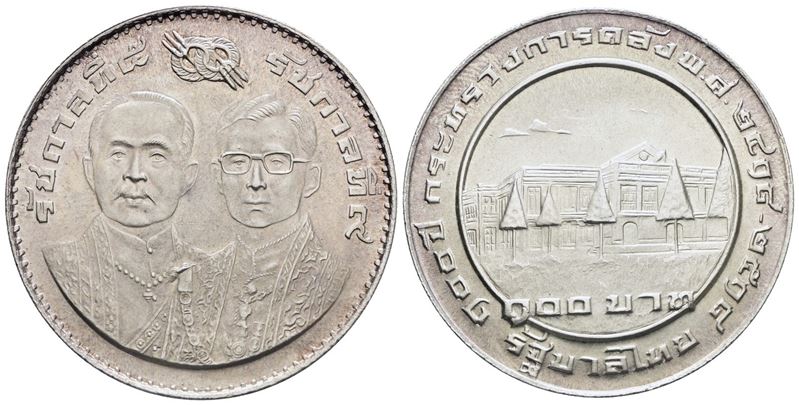 Thailandia. Rama IX (1947-1986). 100 Bath 1975. Centenario Ministero delle Finanze. Ag. 25gr; Y 1...