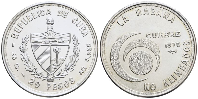 Cuba. 20 Pesos 1979. 6 Vertice dei Paesi Non Allineati. Ag; 26gr; Km 44. Fdc
