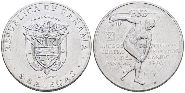 PANAMA. 5 balboa. Per gli XI giochi olimpici centramericani e caraibici. KM 28; Ag; 35,7gr. SPL