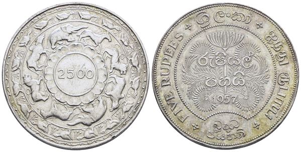 CEYLON. Elisabetta II. 5 rupie 1957. 2500 anni del buddismo. Ag; 28,26gr; KM 126. SPL
