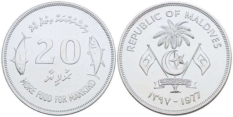 Maldive. 20 Rupie Rufiyaa 1977. Fao. Ag; 28,28gr. Km 56. Fdc
