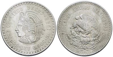Messico. 5 Pesos 1948. Ag; 30gr; Km 465. Spl