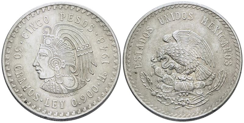 Messico. 5 Pesos 1948. Ag; 30gr; Km 465. Spl