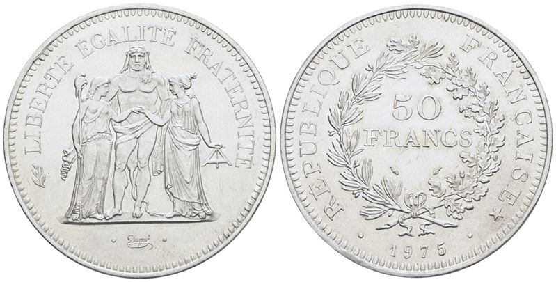 Francia. 50 Franchi 1975. Ag. 30gr; Km 941. Fdc