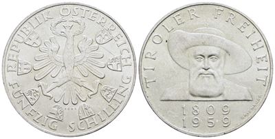 Austria. 50 Scellini 1959 "150 Anni dalla Liberazione del Tirolo". Ag; 20gr; Km 2888. Qfdc