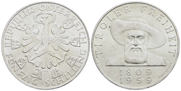 AUSTRIA. 50 scellini 1959 "150 anni dalla liberazione del Tirolo". Ag; 20gr; KM 2888. qFDC