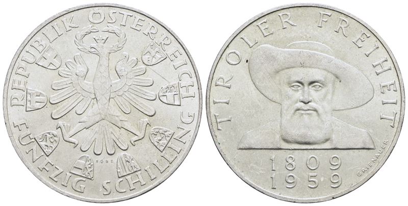 Austria. 50 Scellini 1959 "150 Anni dalla Liberazione del Tirolo". Ag; 20gr; Km 2888. Qfdc