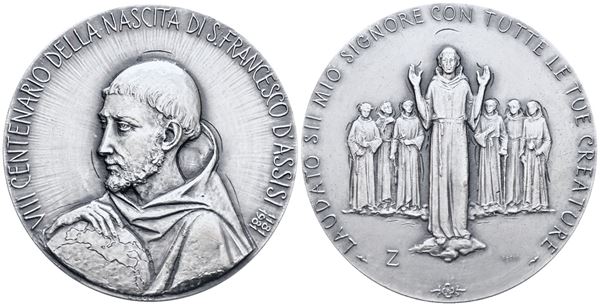 REPUBBLICA ITALIANA. Medaglia 1981 "VIII centenario della nascita di san Francesco d'Assisi". Ag; 50mm; 60,2gr. FDC