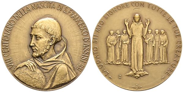 REPUBBLICA ITALIANA. Medaglia 1981 "VIII centenario della nascita di san Francesco d'Assisi". Ae; 50mm; FDC