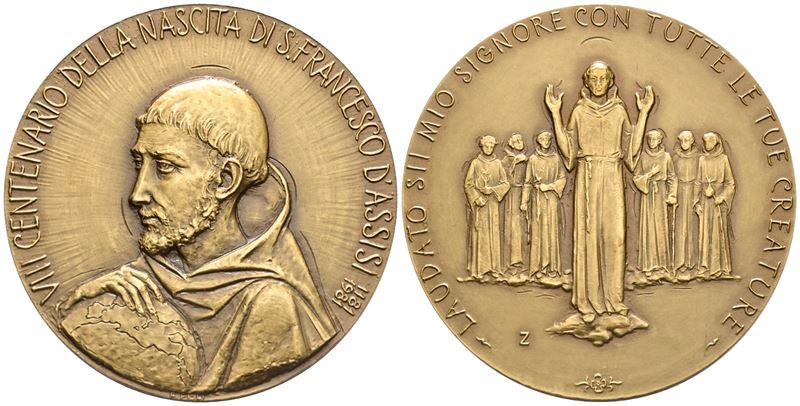 Repubblica Italiana. Medaglia 1981 "VIII Centenario della Nascita di San Francesco D'assisi". Ae;...