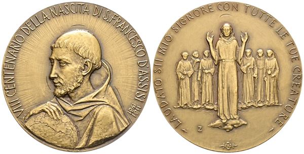 REPUBBLICA ITALIANA. Medaglia 1981 "VIII centenario della nascita di san Francesco d'Assisi". Ae; 50mm; FDC