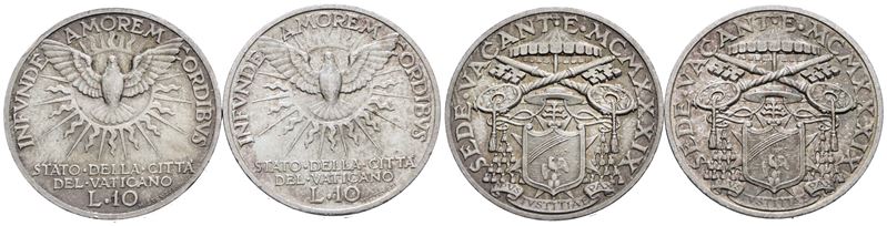 Vaticano. Sede Vacante (1939). 10 Lire 1939. Lotto di 2 Esemplari. Gig. 94; Ag; 10gr.