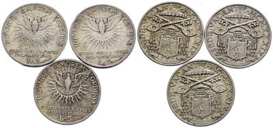Vaticano. Sede Vacante (1939). 5 Lire 1939. Lotto di 3 Esemplari. Gig. 95; Ag; 5gr.