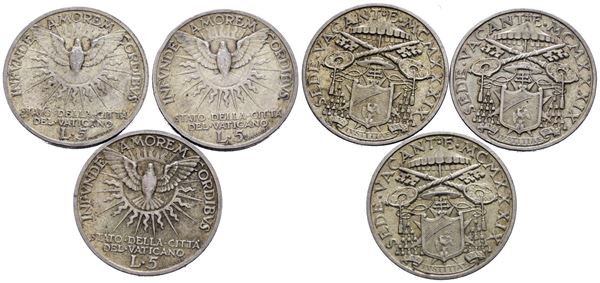 VATICANO. Sede Vacante (1939). 5 lire 1939. Lotto di 3 esemplari. Gig. 95; Ag; 5gr.