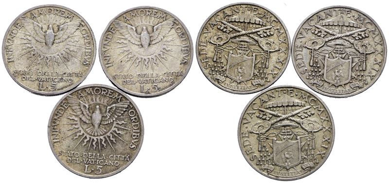 Vaticano. Sede Vacante (1939). 5 Lire 1939. Lotto di 3 Esemplari. Gig. 95; Ag; 5gr.