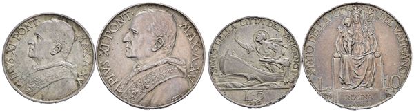 VATICANO. Pio XI (1929-1938). 10 - 5 lire 1936. Lotto di 2 esemplari. Ag; 