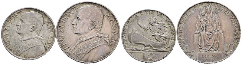 Vaticano. Pio XI (1929-1938). 10 - 5 Lire 1936. Lotto di 2 Esemplari. Ag;