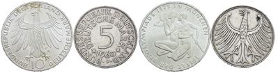 Germania. Lotto di 2 Monete da 10 Marchi 1972 - 5 Marchi 1960. Ag