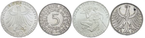 GERMANIA. Lotto di 2 monete da 10 marchi 1972 - 5 marchi 1960. Ag