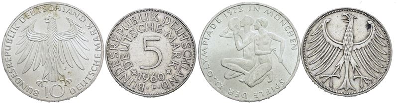 Germania. Lotto di 2 Monete da 10 Marchi 1972 - 5 Marchi 1960. Ag