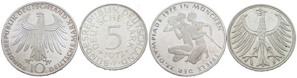 GERMANIA. Lotto di 2 monete da 10 marchi 1972 - 5 marchi 1972. Ag