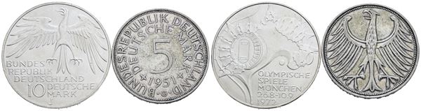 GERMANIA. Lotto di 2 monete da 10 marchi 1972 - 5 marchi 1951. Ag