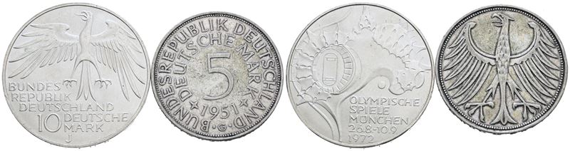 Germania. Lotto di 2 Monete da 10 Marchi 1972 - 5 Marchi 1951. Ag