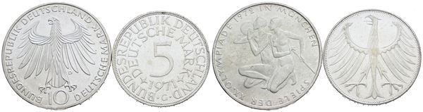 GERMANIA. Lotto di 2 monete da 10 marchi 1972 - 5 marchi 1971. Ag