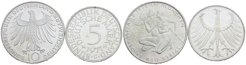 Germania. Lotto di 2 Monete da 10 Marchi 1972 - 5 Marchi 1971. Ag