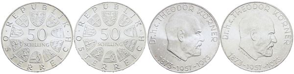 AUSTRIA. 50 scellini 1973 "centenario nascita di Korner". Lotto di 2 esemplari. KM 2917; Ag; 20gr.