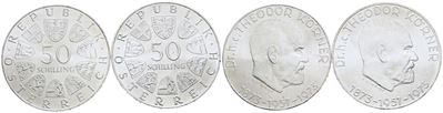 Austria. 50 Scellini 1973 "centenario Nascita di Korner". Lotto di 2 Esemplari. Km 2917; Ag; 20gr...