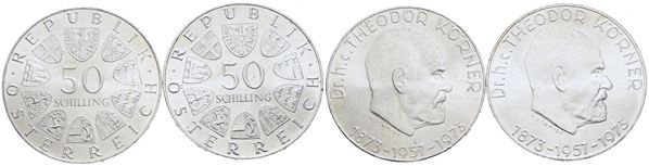 AUSTRIA. 50 scellini 1973 "centenario nascita di Korner". Lotto di 2 esemplari. KM 2917; Ag; 20gr.