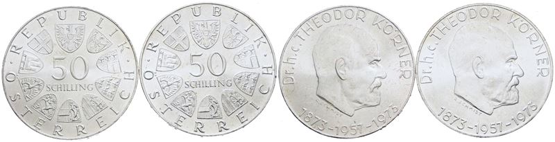 Austria. 50 Scellini 1973 "centenario Nascita di Korner". Lotto di 2 Esemplari. Km 2917; Ag; 20gr...