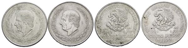 MESSICO. 5 pesos 1951-1952. Lotto di 2 esemplari. KM 467; Ag; 27,78gr