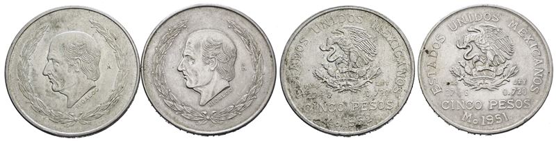 Messico. 5 Pesos 1951-1952. Lotto di 2 Esemplari. Km 467; Ag; 27,78gr