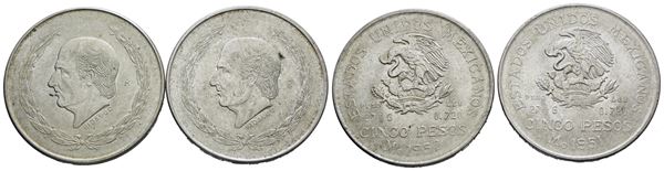 MESSICO. 5 pesos 1951-1952. Lotto di 2 esemplari. KM 467; Ag; 27,78gr