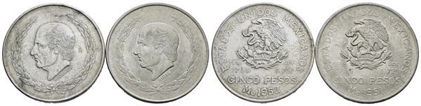 MESSICO. 5 pesos 1951-1952. Lotto di 2 esemplari. KM 467; Ag; 27,78gr