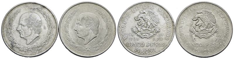 Messico. 5 Pesos 1951-1952. Lotto di 2 Esemplari. Km 467; Ag; 27,78gr