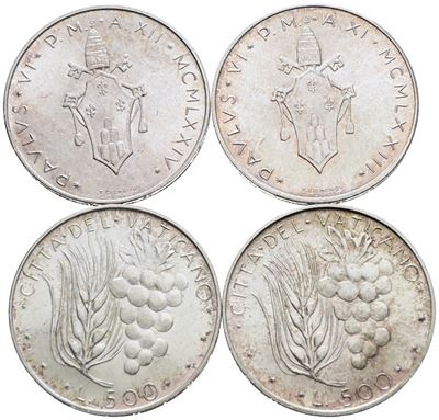 Vaticano. Paolo Vi (1963-1978). 500 Lire. Lotto di 4 Esemplari. Date e Conservazioni Varie. Ag