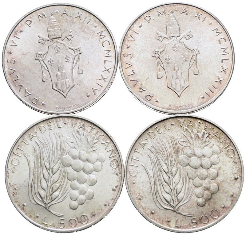 Vaticano. Paolo Vi (1963-1978). 500 Lire. Lotto di 4 Esemplari. Date e Conservazioni Varie. Ag