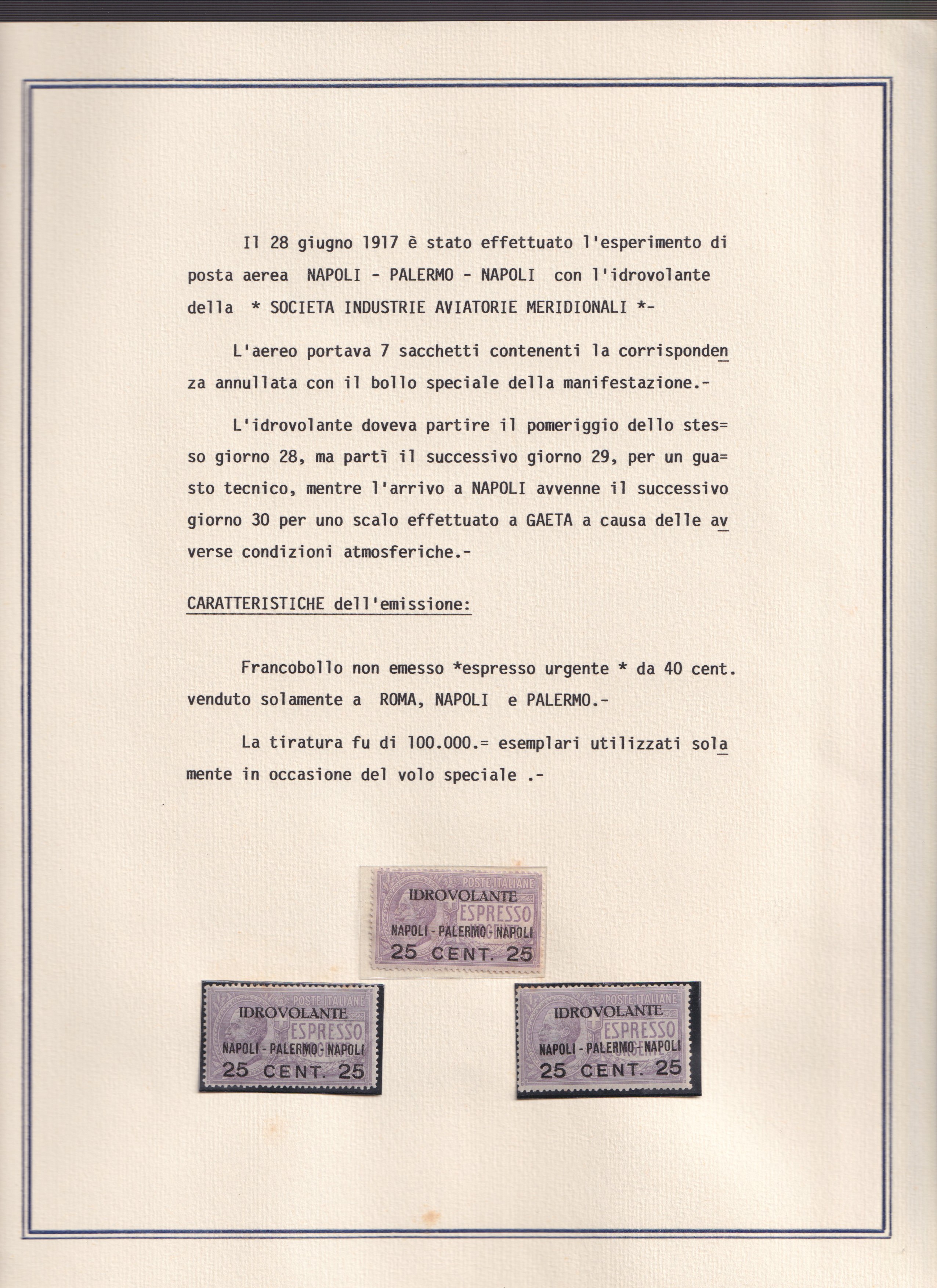 1917, Idrovolante Napoli–Palermo, collezione di documenti e valore soprastampato (14 pezzi)