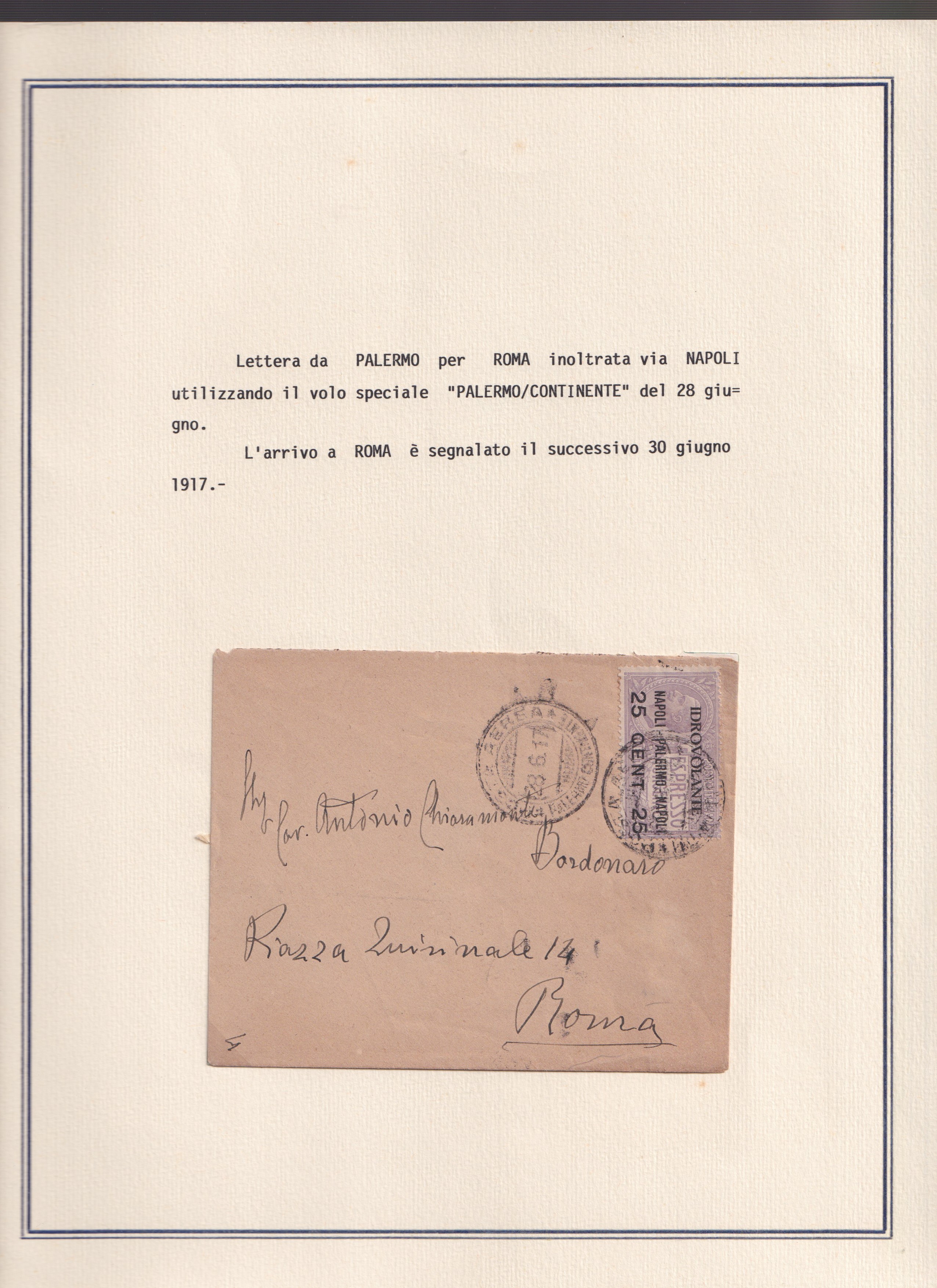 1917, Idrovolante Napoli–Palermo, collezione di documenti e valore soprastampato (14 pezzi)