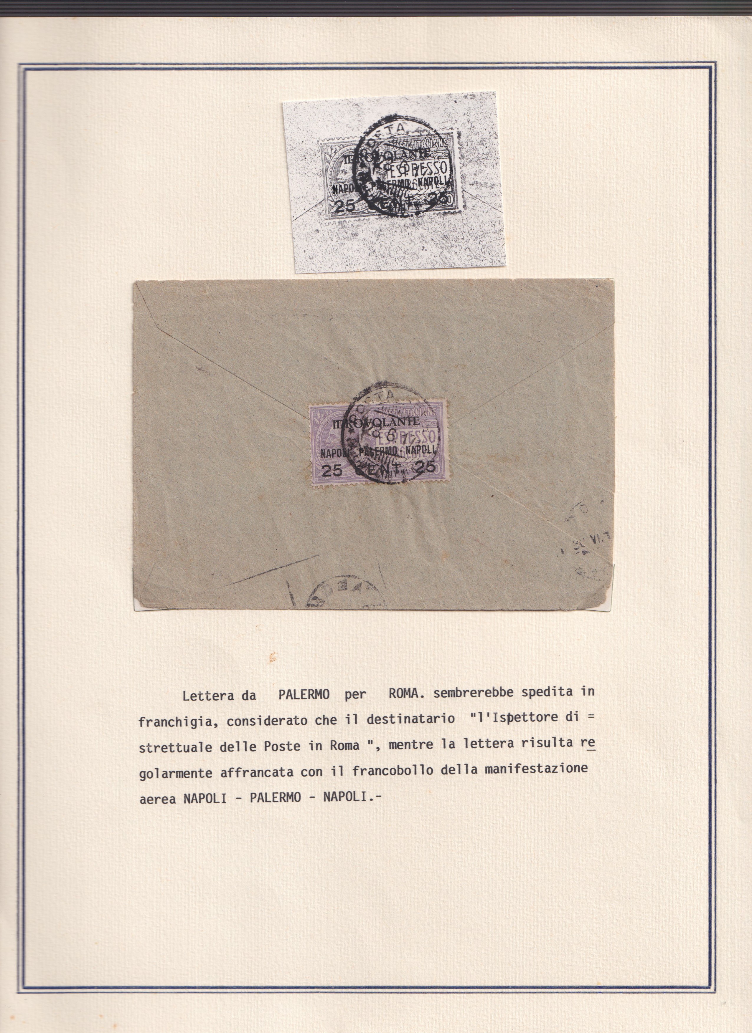 1917, Idrovolante Napoli–Palermo, collezione di documenti e valore soprastampato (14 pezzi)
