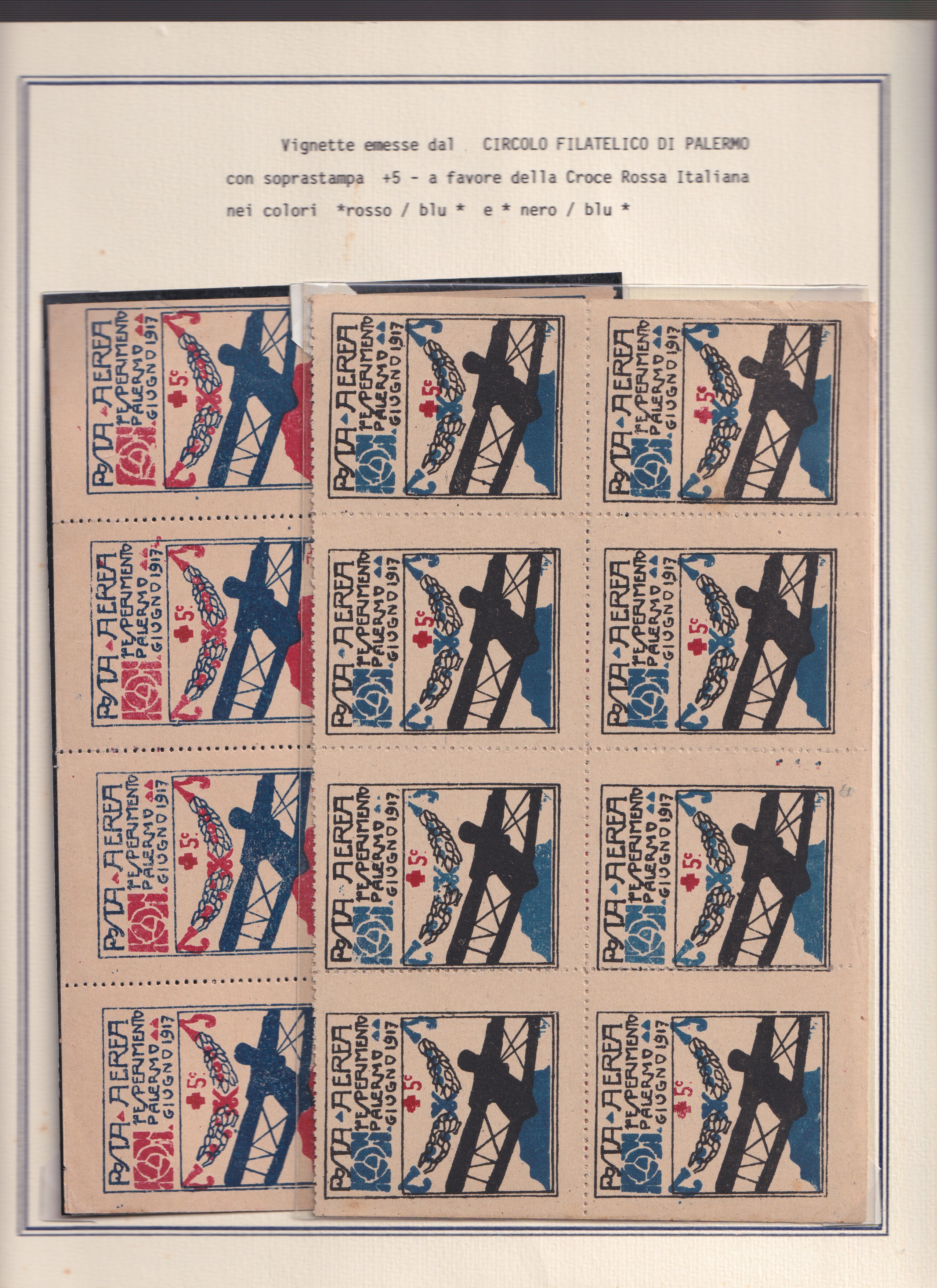 1917, Idrovolante Napoli–Palermo, collezione di documenti e valore soprastampato (14 pezzi)