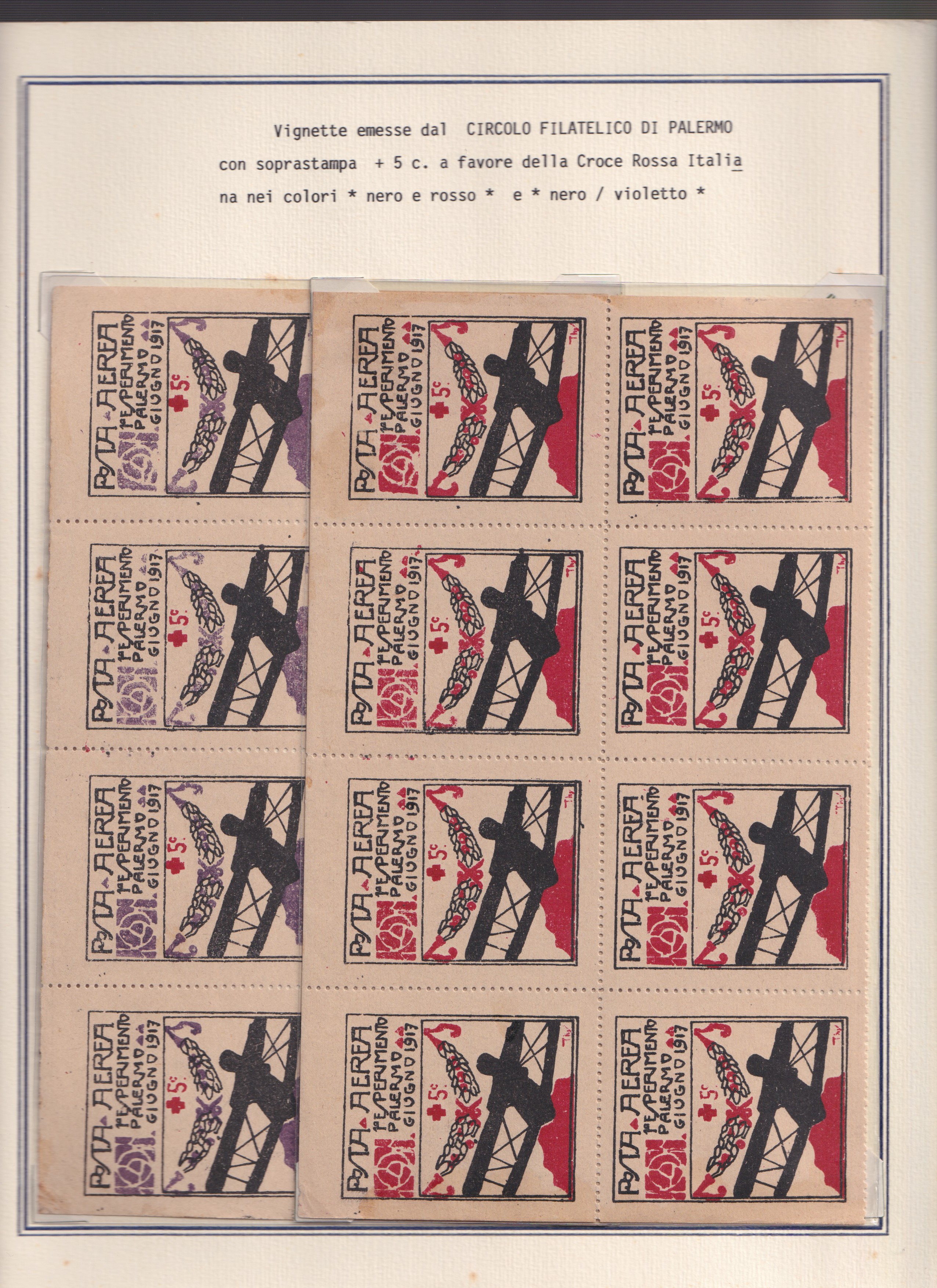 1917, Idrovolante Napoli–Palermo, collezione di documenti e valore soprastampato (14 pezzi)