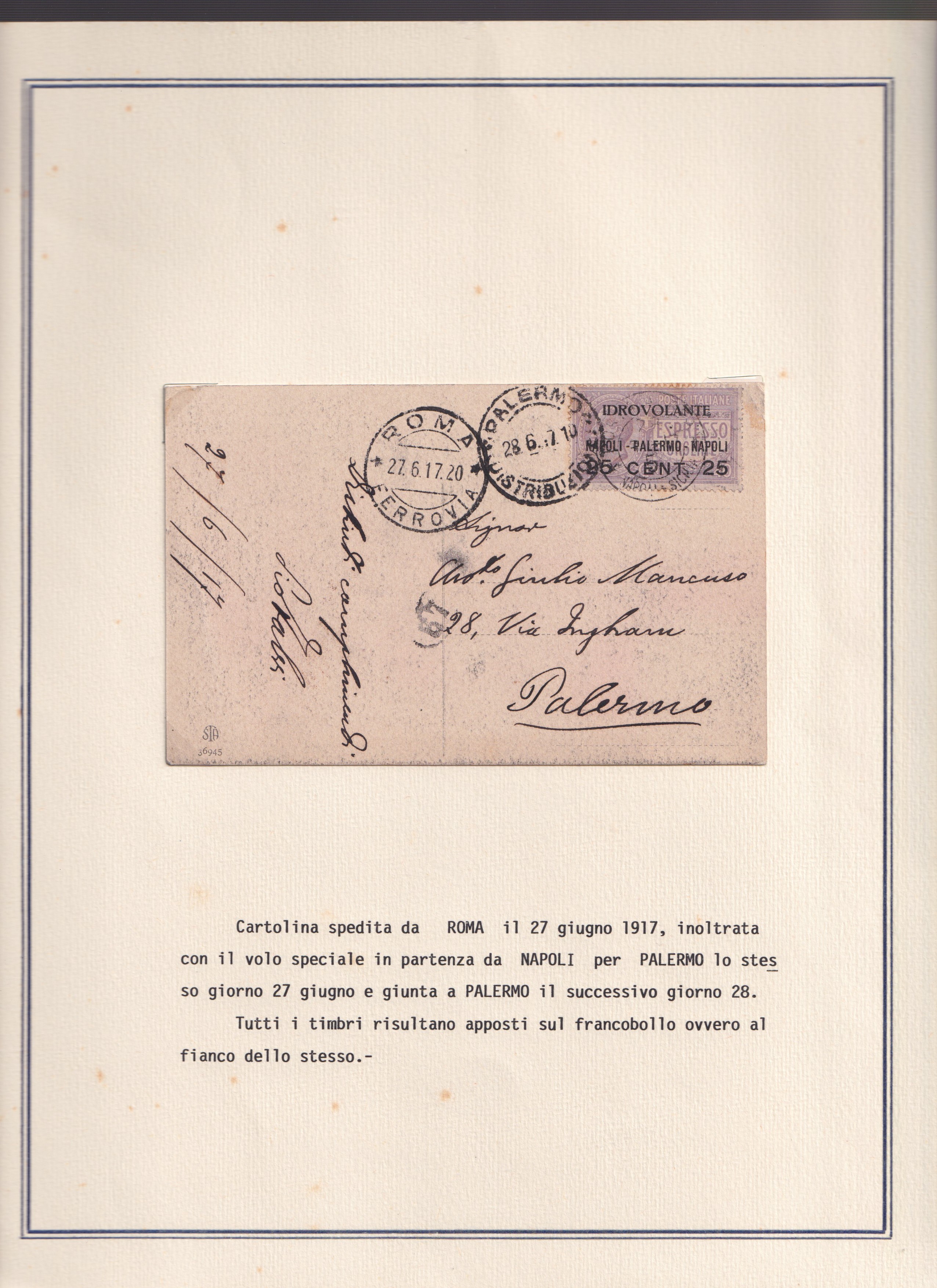 1917, Idrovolante Napoli–Palermo, collezione di documenti e valore soprastampato (14 pezzi)