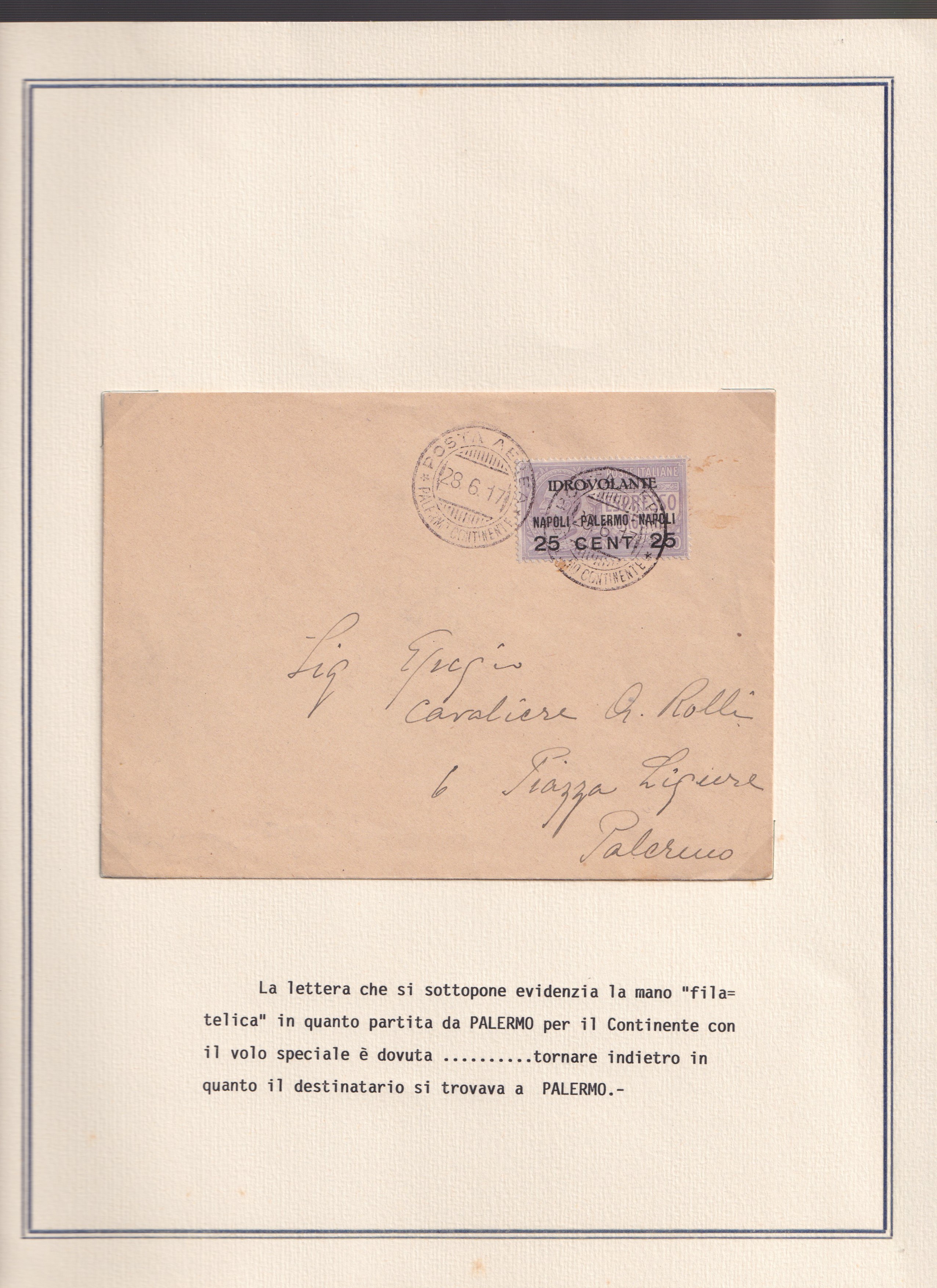 1917, Idrovolante Napoli–Palermo, collezione di documenti e valore soprastampato (14 pezzi)