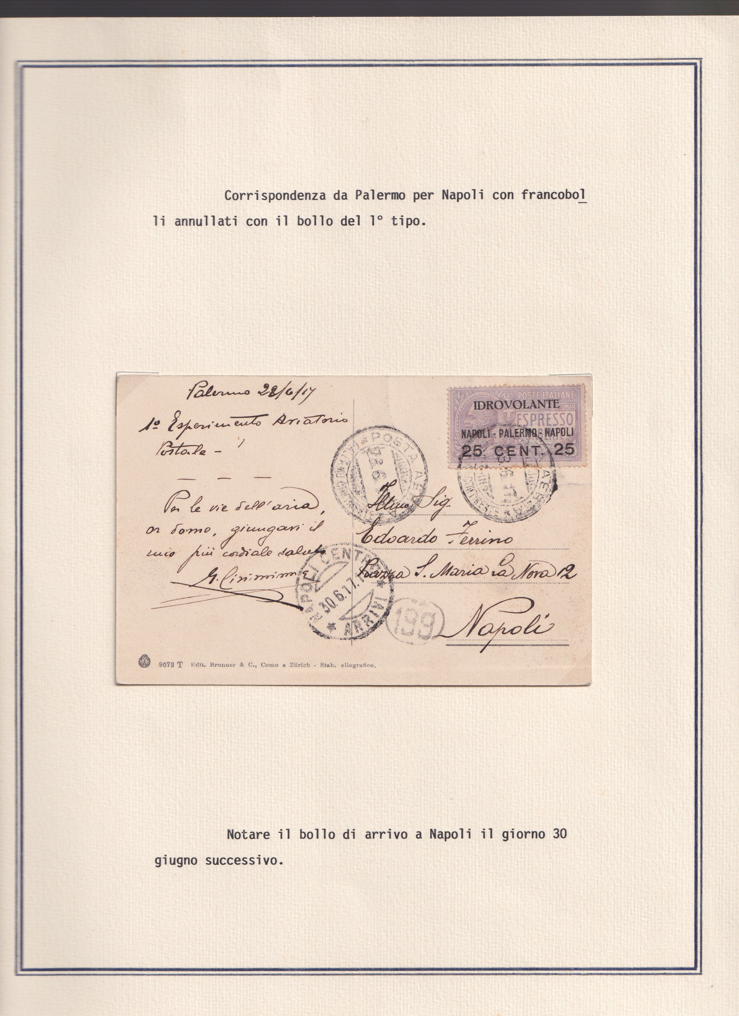 1917, Idrovolante Napoli–Palermo, collezione di documenti e valore soprastampato (14 pezzi)
