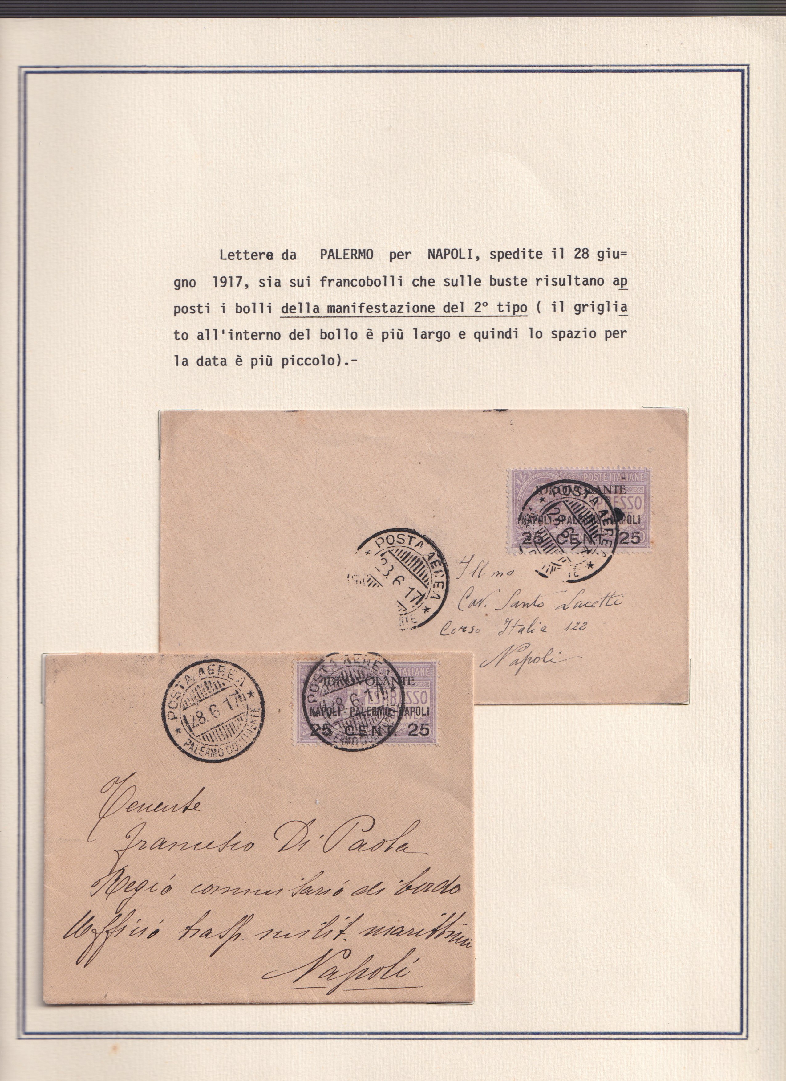 1917, Idrovolante Napoli–Palermo, collezione di documenti e valore soprastampato (14 pezzi)